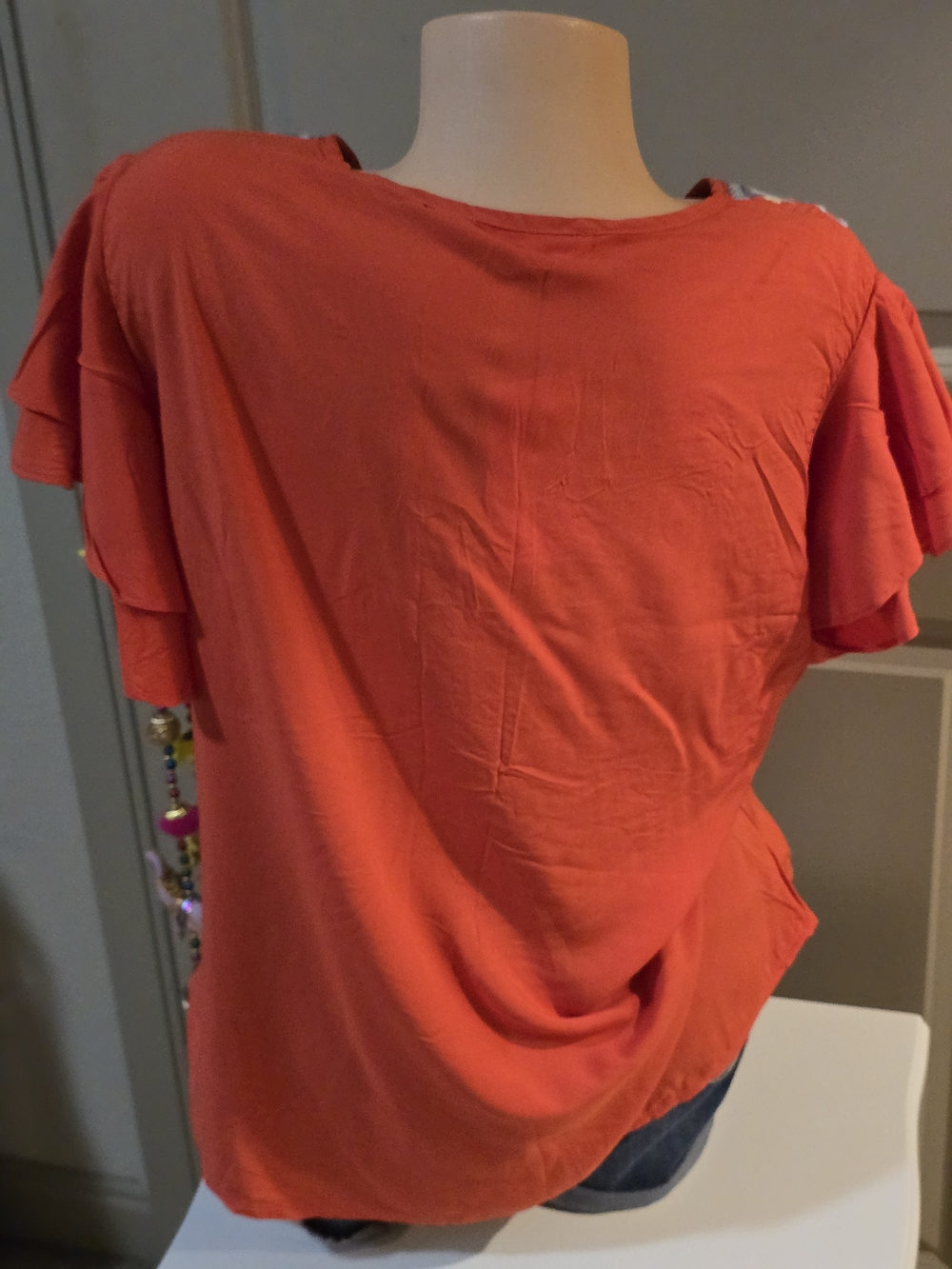 Solitaire Red Embroidered V-Neck Ruffle Sleeve Blouse - Picture 9 of 11